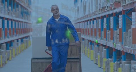 Walking warehouse worker pushing red pallet jack carrying crates through stocked aisle