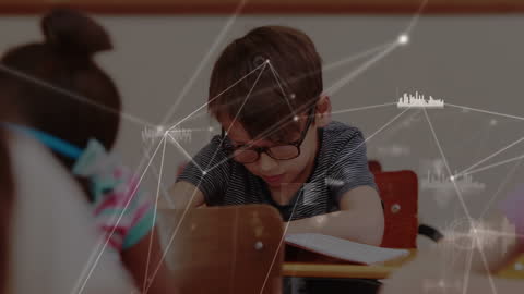 Digital Networking Concept with Schoolchildren Learning in Classroom