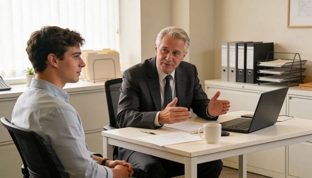 Senior Manager Conducting Interview with Young Candidate at Modern Office Desk