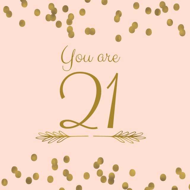 Perfect template for creating stylish and sophisticated 21st birthday invitations. Design features luxurious gold lettering and confetti on a soft pink background for a modern and elegant touch. Ideal for young adults celebrating their milestone birthday with class and finesse.