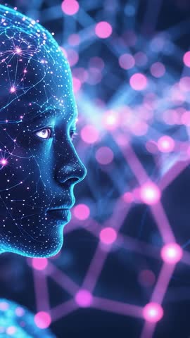 AI head pulsing energy through neural mesh network connecting glowing nodes vertical video