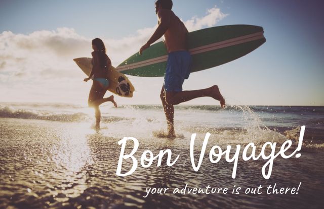 Couple carrying surfboards into ocean during beautiful sunset, giving an adventurous and energetic vibe. Ideal for travel promotions, beach and outdoor lifestyle brochures, adventure tour advertisements, surfing school marketing materials, and summer holiday campaigns.