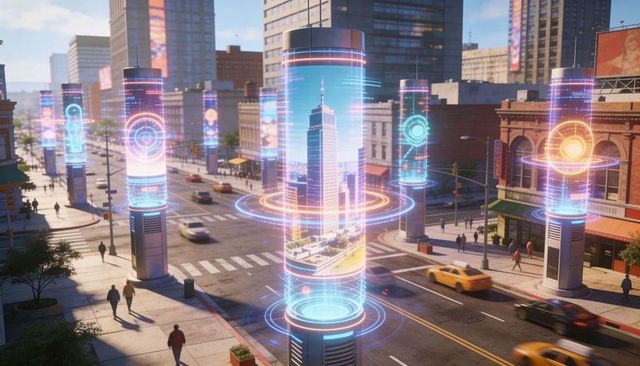 Holographic pillars projecting neon cityscapes and data rings over busy downtown street