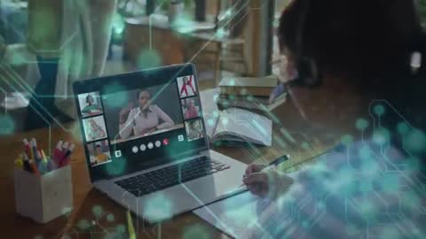 Student Engaged in Online Class with Digital Overlay