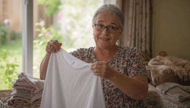 Smiling senior woman folding white t-shirt by sunlit window in cozy home laundry room