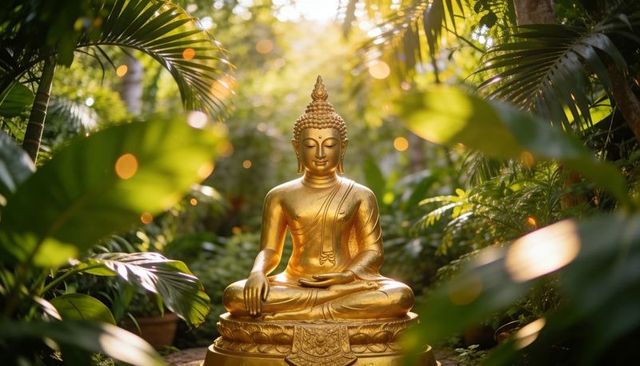 Golden buddha statue sunlit tropical garden bokeh lush foliage serene meditation