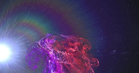 Interstellar particle ribbons flowing through nebula glow with stellar light flare