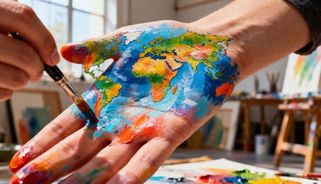 Hand-painted world map on palm being brushed in sunlit studio, colorful global art concept