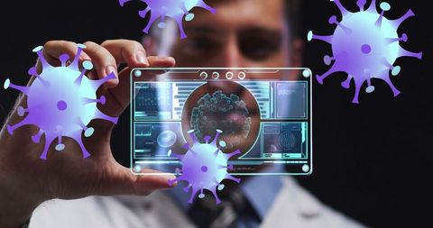 Lab technician analyzing viral data with digital interface