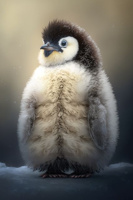 Adorable fluffy baby penguin standing in snow, perfect for use in wildlife documentaries, children's books, educational materials, and marketing campaigns focusing on nature and wildlife.