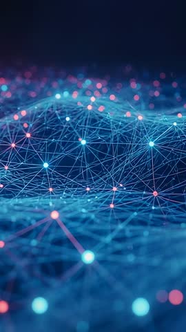 Vertical Tech Network Video Panning Over Pulsing Digital Mesh with Cyan and Pink Nodes