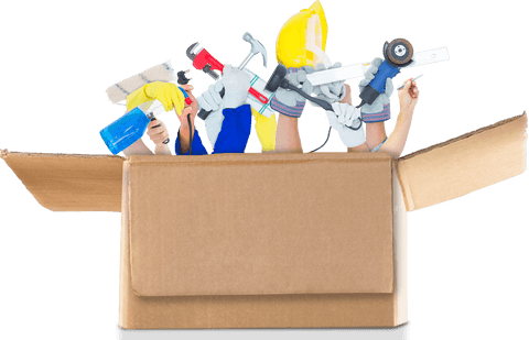 Hands holding diverse tools emerging from open box on transparent background