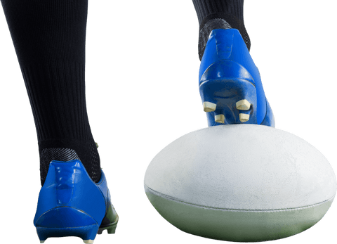 Rugby player feet steady on ball with transparent background