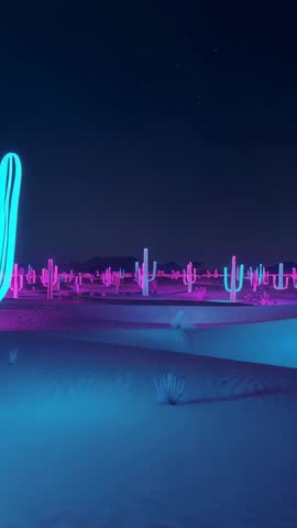 Pulling Back Revealing Neon Saguaro on Dunes, Vertical Night Desert with Cyan Magenta Glow
