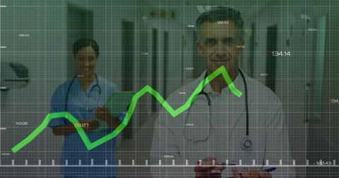 Financial Data Overlay with Medical Professionals in Hospital Corridor