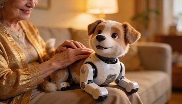 Senior woman petting robotic dog on cozy sofa, warm companion tech for seniors