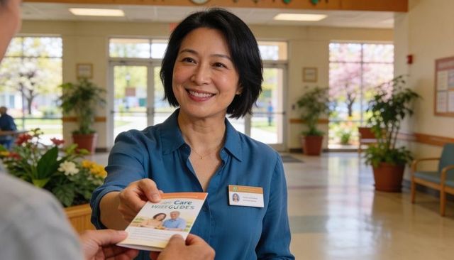 Asian receptionist handing brochure and smiling at clinic reception desk welcoming visitors