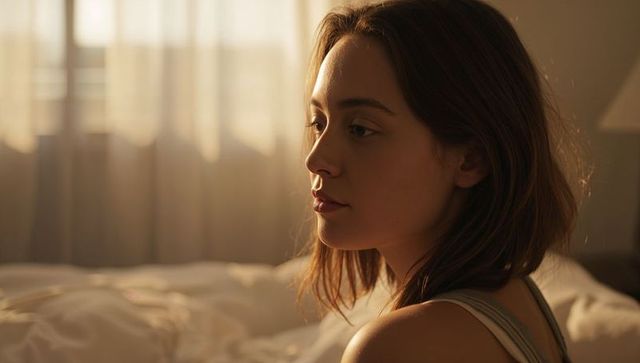 Sitting woman bathed in golden hour light, contemplating on rumpled bed, intimate portrait
