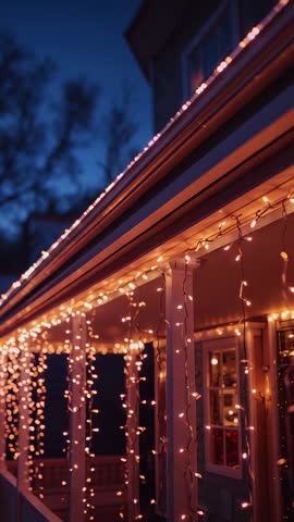 Vertical video showing twinkling icicle lights on porch at dusk with warm window glow