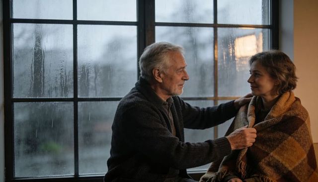 Senior couple sharing cozy moment while man wraps plaid blanket around woman at rain-soaked window