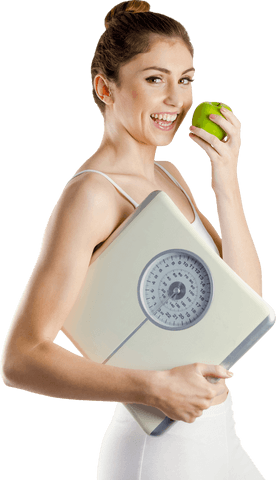 Healthy Lifestyle Choice: Woman with Transparent Scale and Green Apple