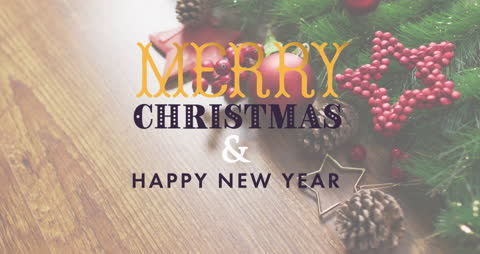 Festive Greeting with Holiday Decorations on Wooden Surface