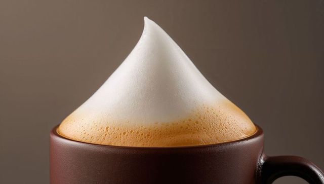 Voluminous microfoam peak crowned cappuccino in brown ceramic mug, creamy espresso crema
