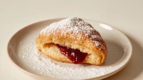 Slow zooming close-up of jam-filled triangular pastry dusted with powdered sugar