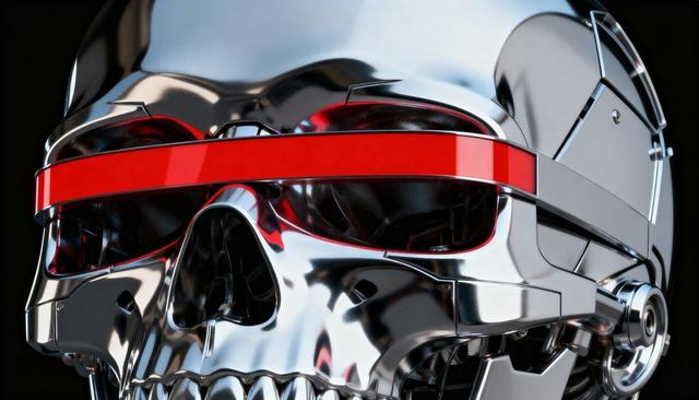 Chrome robotic skull with red visor band reflecting studio lights futuristic cyberpunk