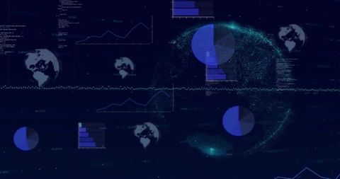 Rotating particle globe with data visualizations and futuristic neon analytics dashboard