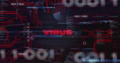 Glitching Red VIRUS Alert on Cyber Circuit Interface with Binary, Code and Oscilloscope