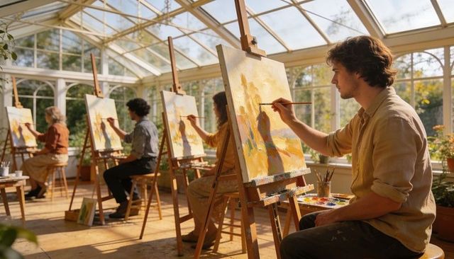 Sunlit conservatory painting workshop with focused artist creating impressionist canvases