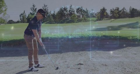 Golfer Preparing Swing in Bunker for Challenging Shot