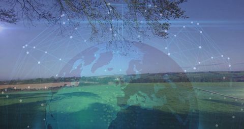 Translucent Digital Globe Over Rural Fields Connectivity