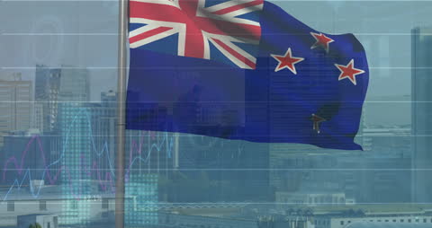 New Zealand Flag Overlaid on Stock Market Graph