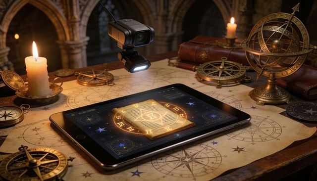 Tablet showing glowing grimoire with hovering scanner, vintage compasses and candlelight