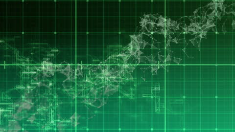 Abstract green grid background depicts a dynamic animation of DNA processing with data connections. This digital design is ideal for illustrating advanced themes in biotechnology, genetics, or information technology. Suitable for use in presentations, educational materials, and articles on scientific research or technological developments.