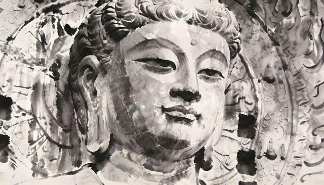 Serene buddha head brushwork with aureole and ink-drip texture on temple relief monochrome