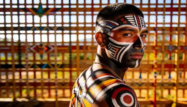 Sunlit portrait of painted man with geometric tribal body art and bold colorful patterns