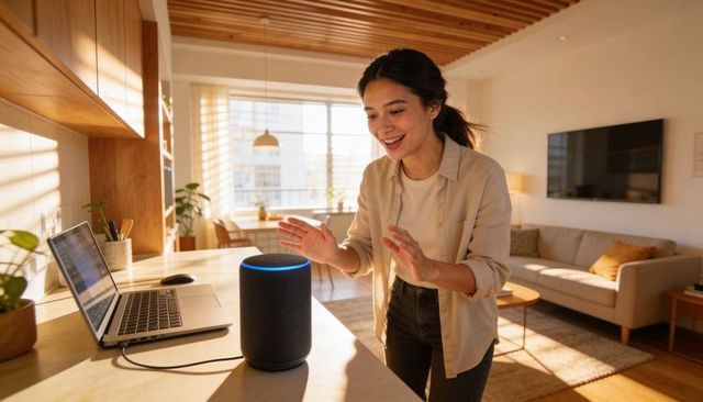 Smiling woman talking to smart speaker in sunlit open-plan kitchen home office with laptop