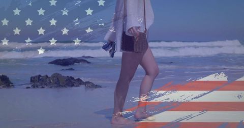 Walking on Beach with American Flag Overlay: Summer Patriotism Embrace