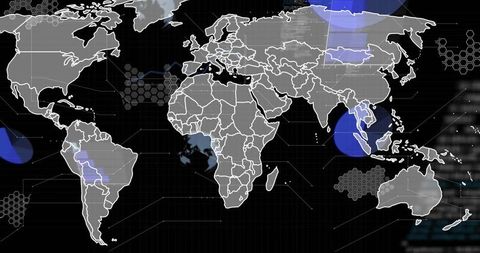 Futuristic World Map with Hexagon Overlays and Blue Highlights