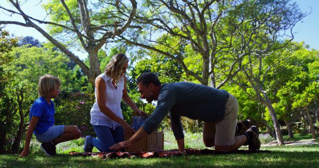 Happy Family Setting Up Picnic in Sunlit Park with Trees - Download Free Stock Images Pikwizard.com