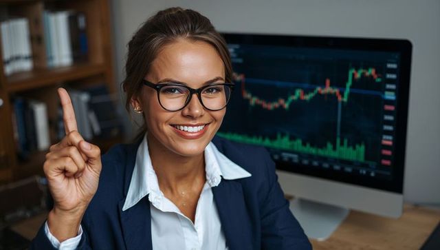 Smiling financial analyst pointing at rising stock chart on desktop monitor