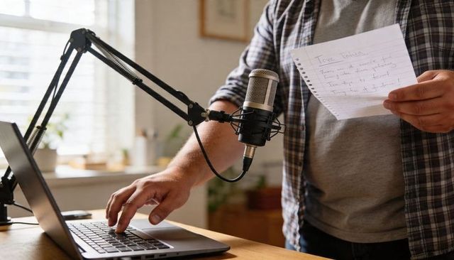 Podcast creator recording and typing with condenser microphone in sunlit home workspace