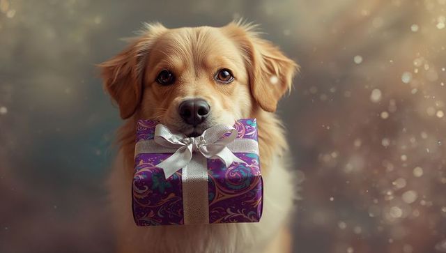 Dog with purple gift box and silver ribbon in festive setting
