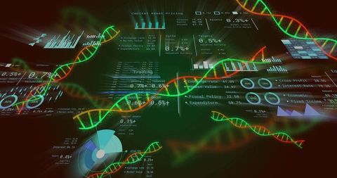 Neon dna helix visualizing financial data on futuristic holographic dashboard
