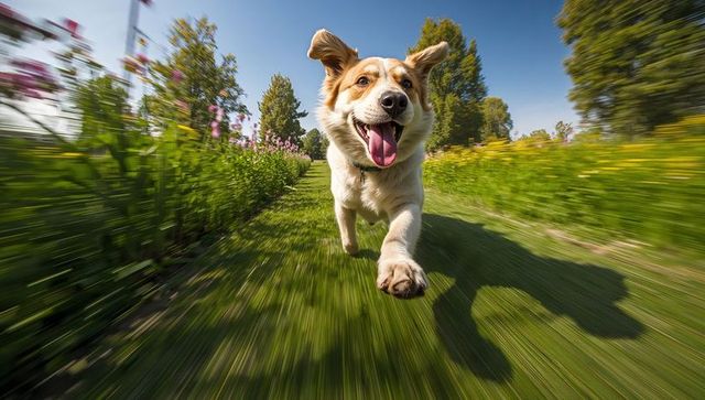 Joyful dog running along wildflower path in green park