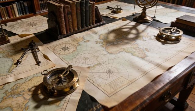Antique nautical map featuring brass compasses, armillary sphere, dividers and vintage books