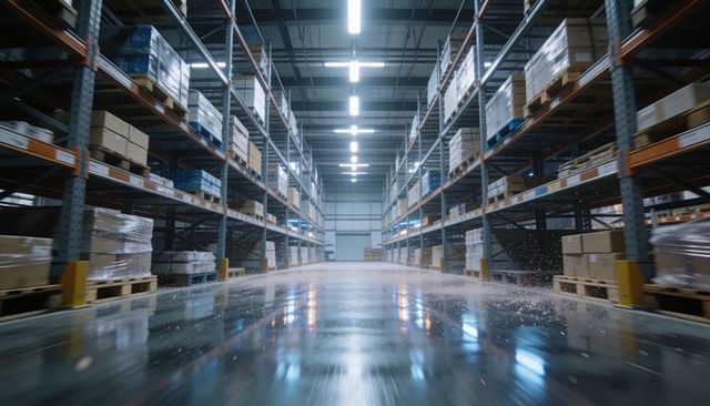 Reflective warehouse aisle showing pallet racking, stacked boxes, shrinkwrap and lighting